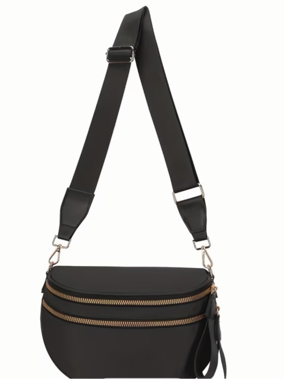 Women's Black Crossbody Bag with Gold Zippers